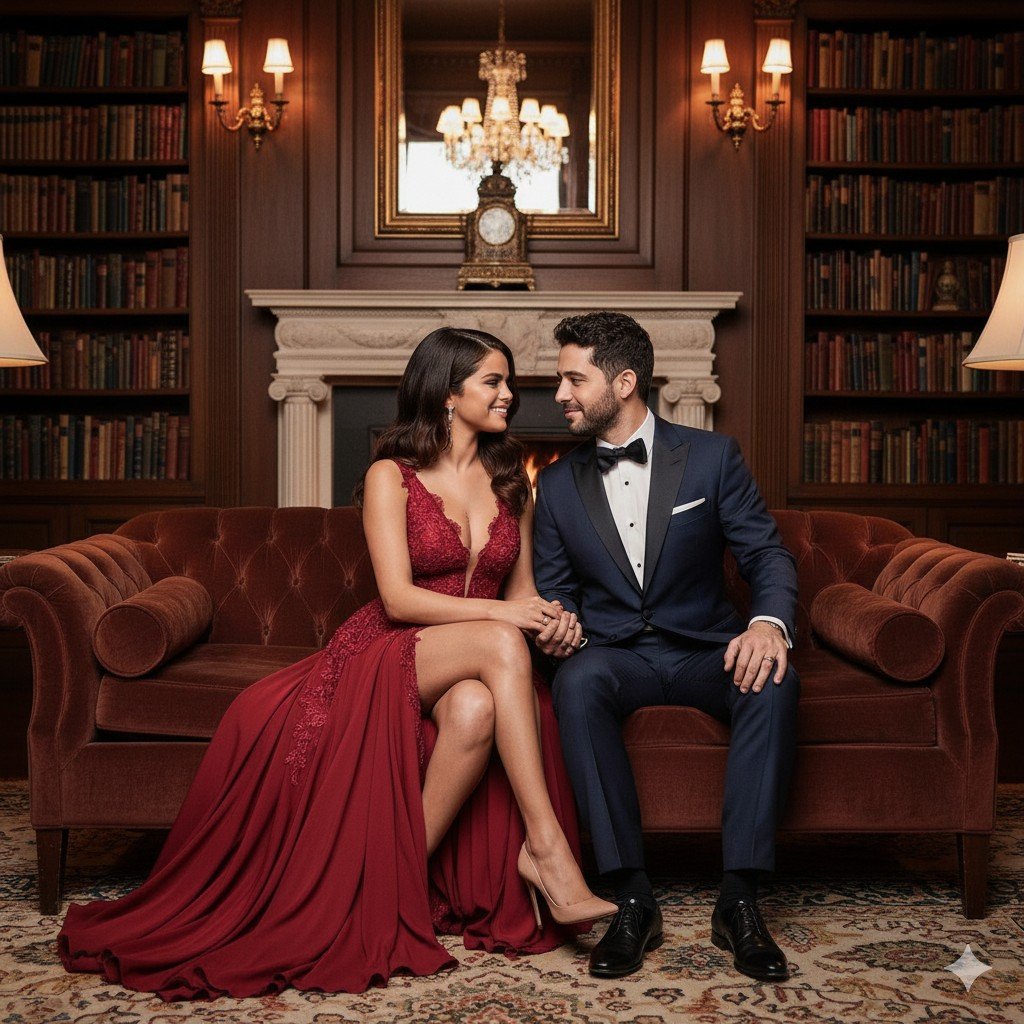 Selena Gomez in a deep red, plunging gown with a high slit, and Benny Blanco in a navy tuxedo sitting on a luxurious maroon sofa in an opulent library. They are holding hands and looking into each other's eyes.