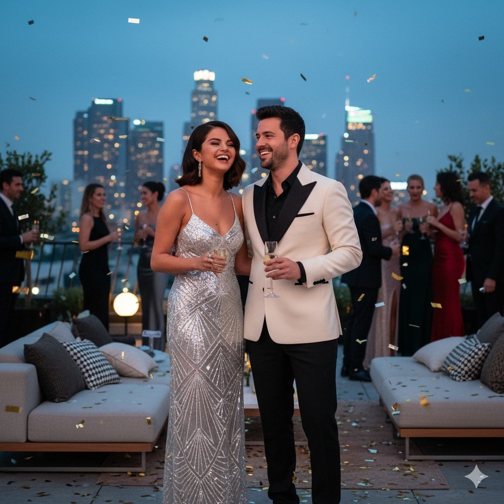 Selena Gomez in a long, silver sequined slip dress and Benny Blanco in a white tuxedo jacket and black shirt, holding champagne flutes on a high-rise rooftop patio at night, with the sparkling city skyline in the background.