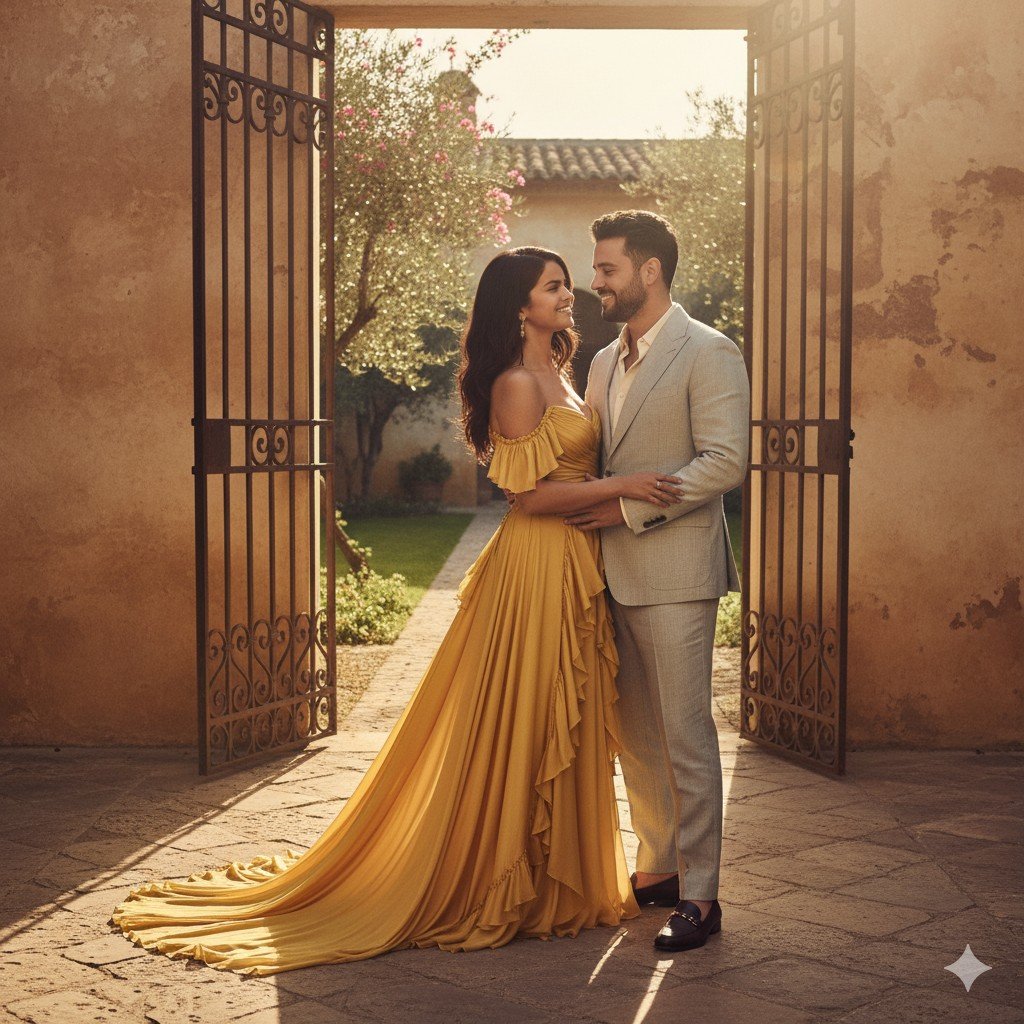 Selena Gomez in a long, vibrant yellow off-the-shoulder gown embracing Benny Blanco, who is in a light grey suit, standing in the sunlit entryway of a stone villa with large wrought-iron gates behind them.
