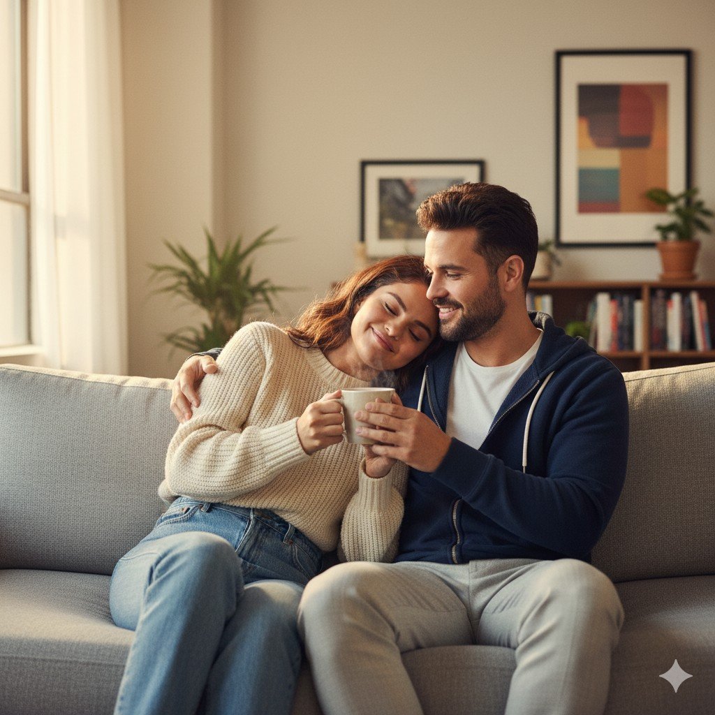 Selena Gomez and Benny Blanco cuddling on a grey sofa in a brightly lit living room. Selena is wearing a cream-colored sweater and jeans, resting her head on Benny's shoulder as he holds her close, both in relaxed attire.
