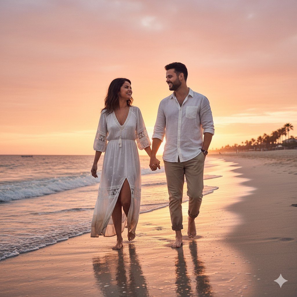 Selena Gomez and Benny Blanco walking barefoot on a beach at sunset, holding hands near the gentle waves. Selena is in a white, flowing bohemian dress, and Benny is in a white linen shirt and tan trousers.