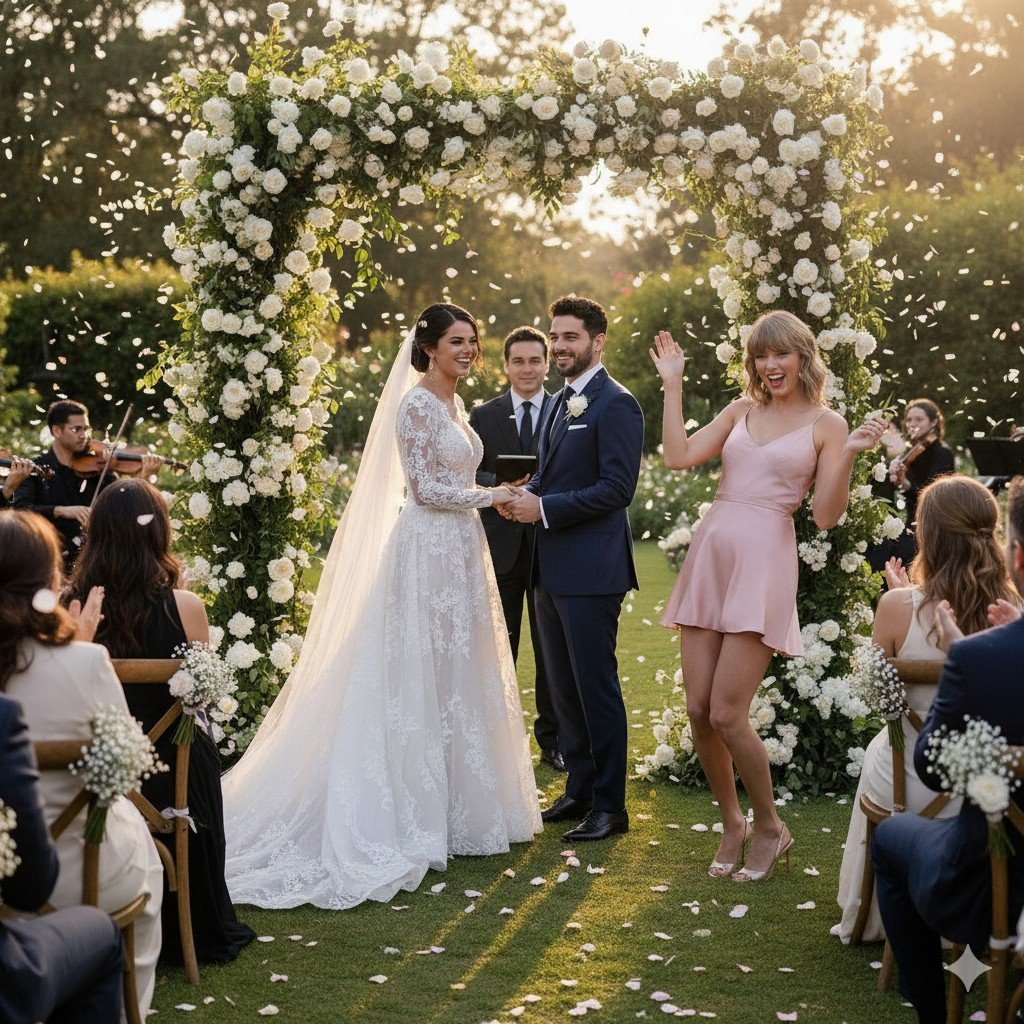 Selena Gomez in a long-sleeved lace wedding gown and Benny Blanco in a navy suit holding hands under a white rose arch. Taylor Swift is visible to the right, wearing a pink dress and dancing excitedly as confetti flutters down around the wedding party.