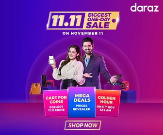 Digital ad for Daraz 11.11 sale featuring a woman with a smartphone and a man with a laptop, set against a glowing curved background. Promotional boxes highlight “Cart for Coins,” “Mega Deals,” and “Golden Hour,” with a “Shop Now” button below.
