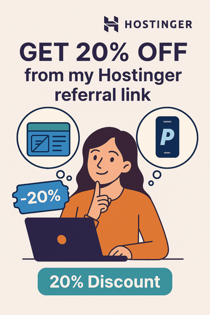 Illustration of a young woman pointing at her laptop with a confident expression, surrounded by icons representing website design and payment options. The text above reads “Get 20% Off from my Hostinger referral link,” promoting a Hostinger discount offer. A blue ticket icon shows “-20%” and a button below says “20% Discount.” Hostinger logo appears at the top.