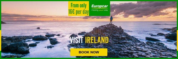 Scenic view of Giant’s Causeway in Northern Ireland at sunset, with a person standing on basalt columns overlooking the ocean; Europcar travel ad promoting car rentals from €16/day.
