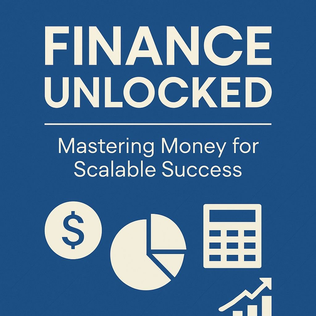 Blue graphic with bold white text reading ‘Finance Unlocked: Mastering Money for Scalable Success,’ featuring icons of a dollar sign, pie chart, calculator, and upward-trending bar chart.
