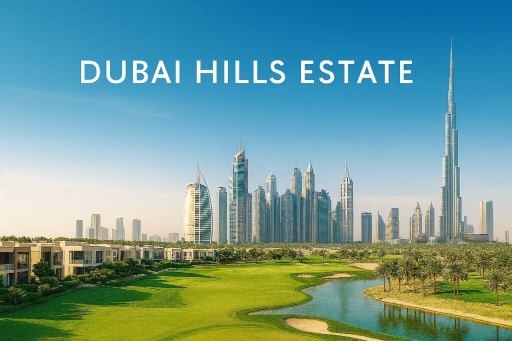 A panoramic view of Dubai Hills Estate featuring a lush golf course, luxury villas, and Dubai’s skyline with Burj Khalifa in the background.  