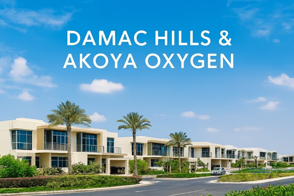 A row of modern white villas in DAMAC Hills with palm trees and landscaped roads under a bright blue sky