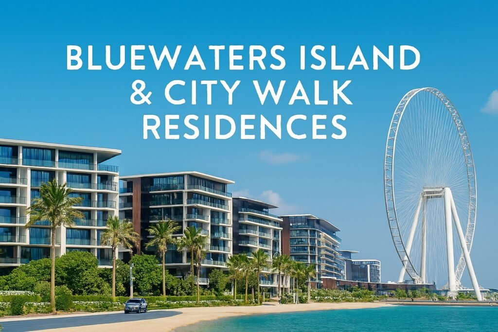 Modern waterfront residences with palm trees and Ain Dubai Ferris wheel in the background under a clear sky.  
