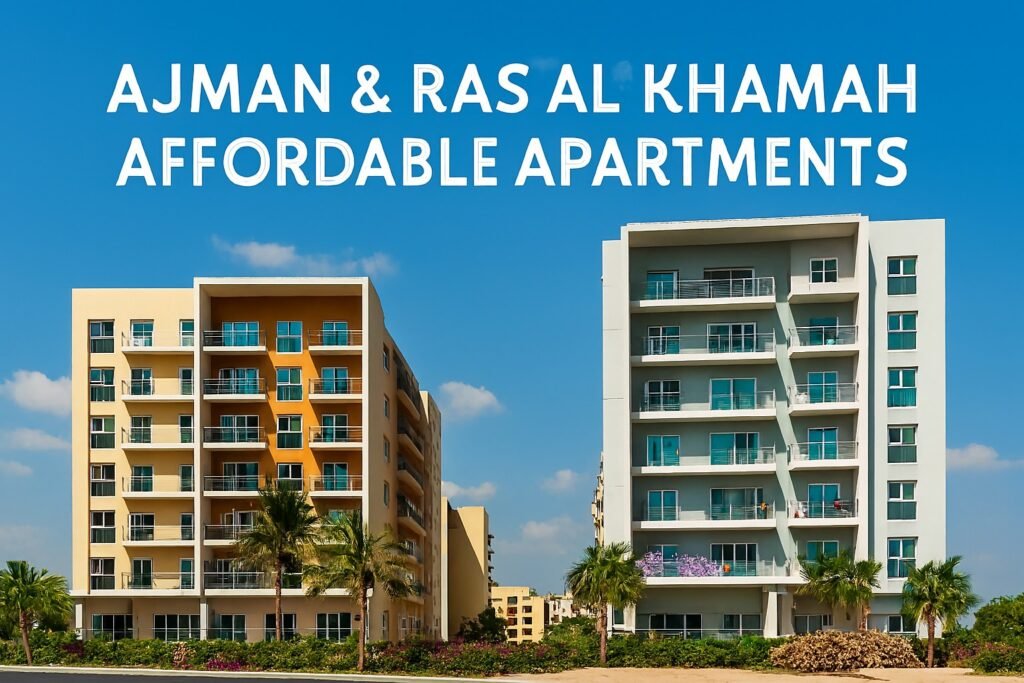 Two mid-rise apartment buildings in Ajman and RAK with landscaped greenery and a clear blue sky.