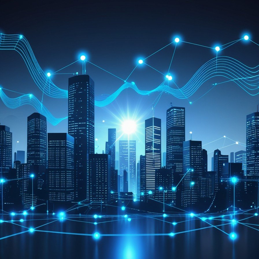 A dark, futuristic cityscape with skyscrapers at night, overlaid with glowing blue lines and nodes representing data connections and technology.