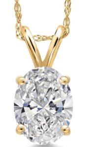 An oval-cut diamond solitaire pendant on a yellow gold chain.