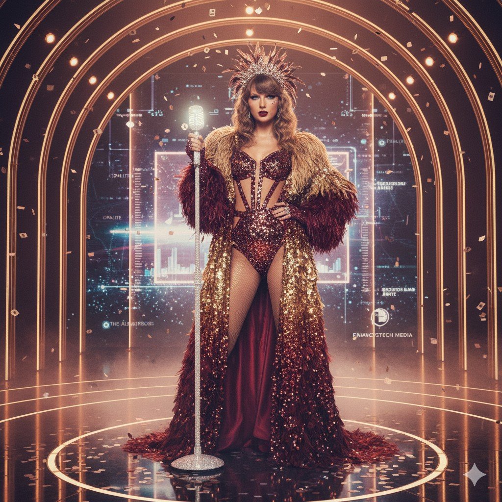 Taylor Swift in a long-sleeved red sequin dress stands on a stage with her hand over her heart, backlit by a spotlight. Behind her, a curved wall of screens displays multiple faces and media clips. The text reads: "YOU WROTE MY ENDING I REWROTE THE SCRIPT."