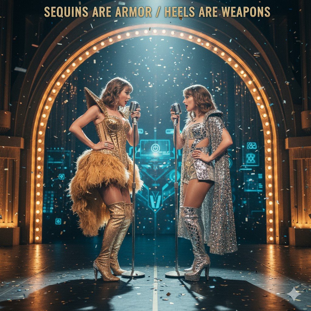 ​A stylized photo of Taylor Swift standing on a confetti-strewn stage, illuminated by a large arched spotlight. Two versions of her face each other, both holding microphones. The figure on the left wears a gold sequined corset, a fluffy gold skirt, and thigh-high gold boots. The figure on the right wears a silver sequined crop top, shorts, thigh-high silver boots, and a matching sequined cape. White text overlays the top: "SEQUINS ARE ARMOR / HEELS ARE WEAPONS".