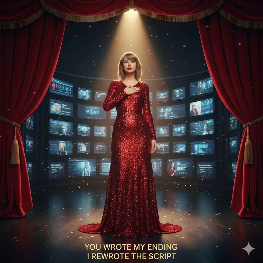 A full-length, dazzling photo of Taylor Swift on a stage covered in confetti, standing with one hand on her hip. She is wearing a striking red sequined corset and matching high-cut shorts, sheer fishnet stockings, and a dramatic, long split skirt/cape, with red feathered shoulder details. She holds a silver microphone and is brightly illuminated by stage lights.