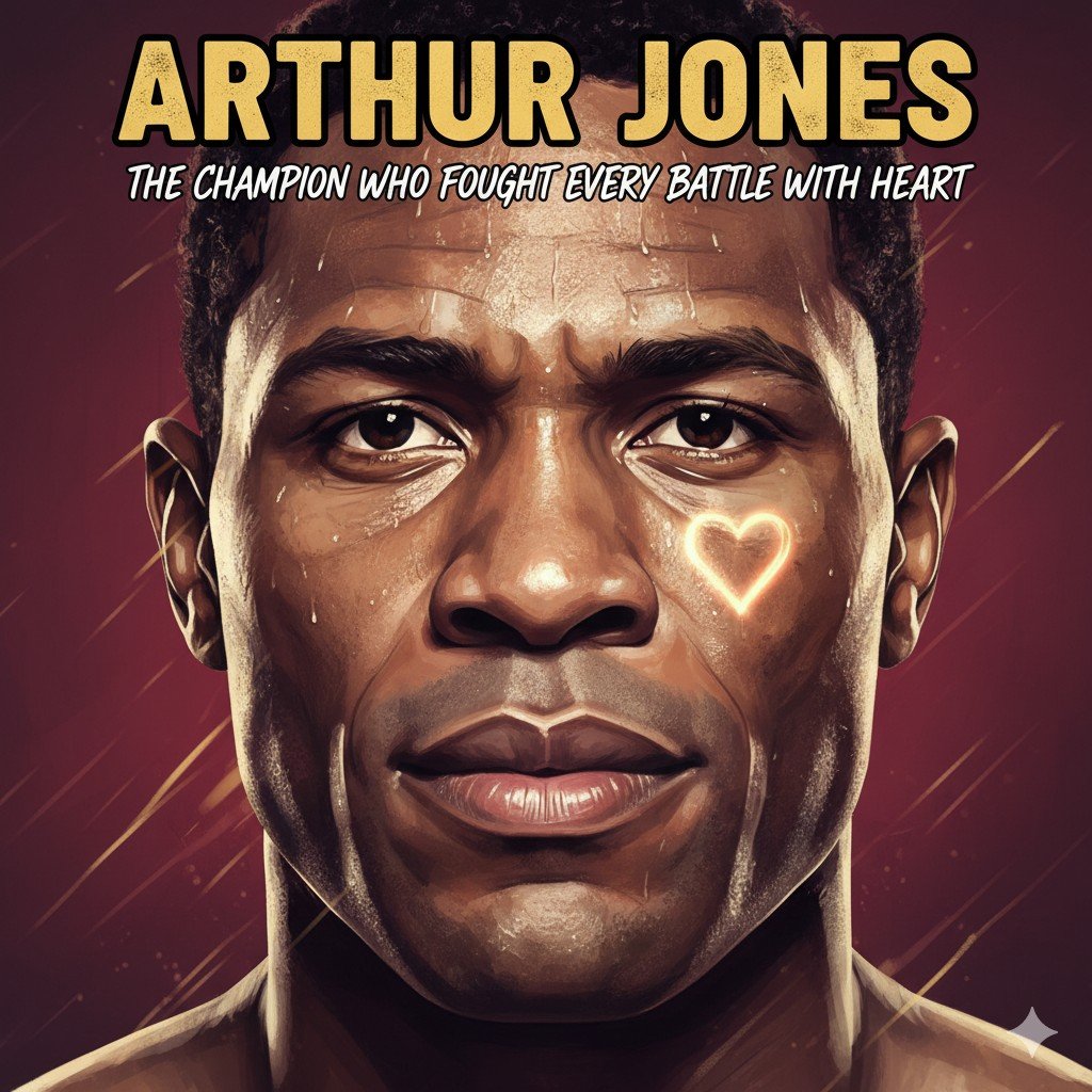 A close-up, intense portrait of the boxer Arthur Jones. He is sweating and has a focused, determined expression. A glowing, golden outline of a heart is superimposed on his left cheek, symbolizing the theme of the story. The text "ARTHUR JONES" in large gold letters and "THE CHAMPION WHO FOUGHT EVERY BATTLE WITH HEART" in white text are overlaid at the top. The background is a dramatic, dark red with golden streaks.