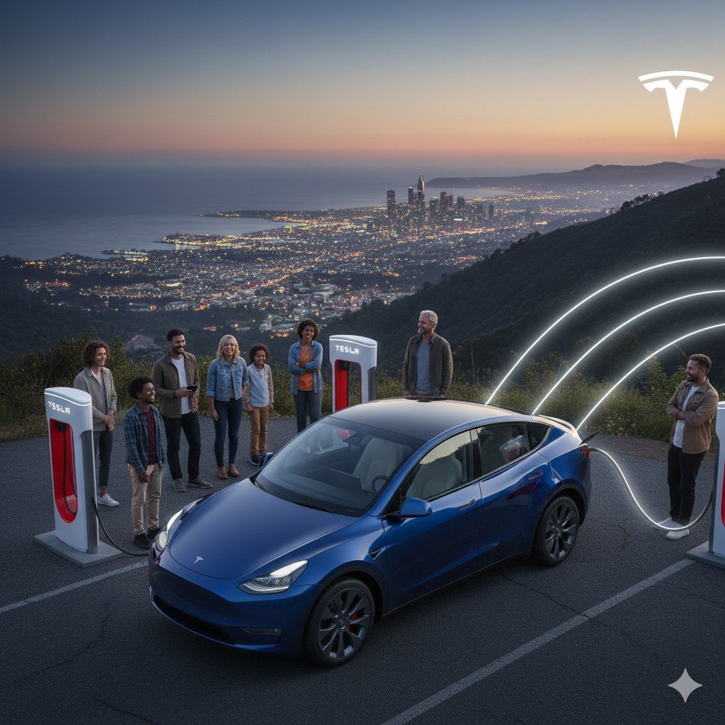 A dynamic wide shot of a blue Tesla Model Y Standard charging at a Supercharger station at dusk. A diverse group of smiling people stand around the car and charging stalls, looking happy and relaxed, with mountains and city lights in the background, symbolizing accessible long-distance electric travel.