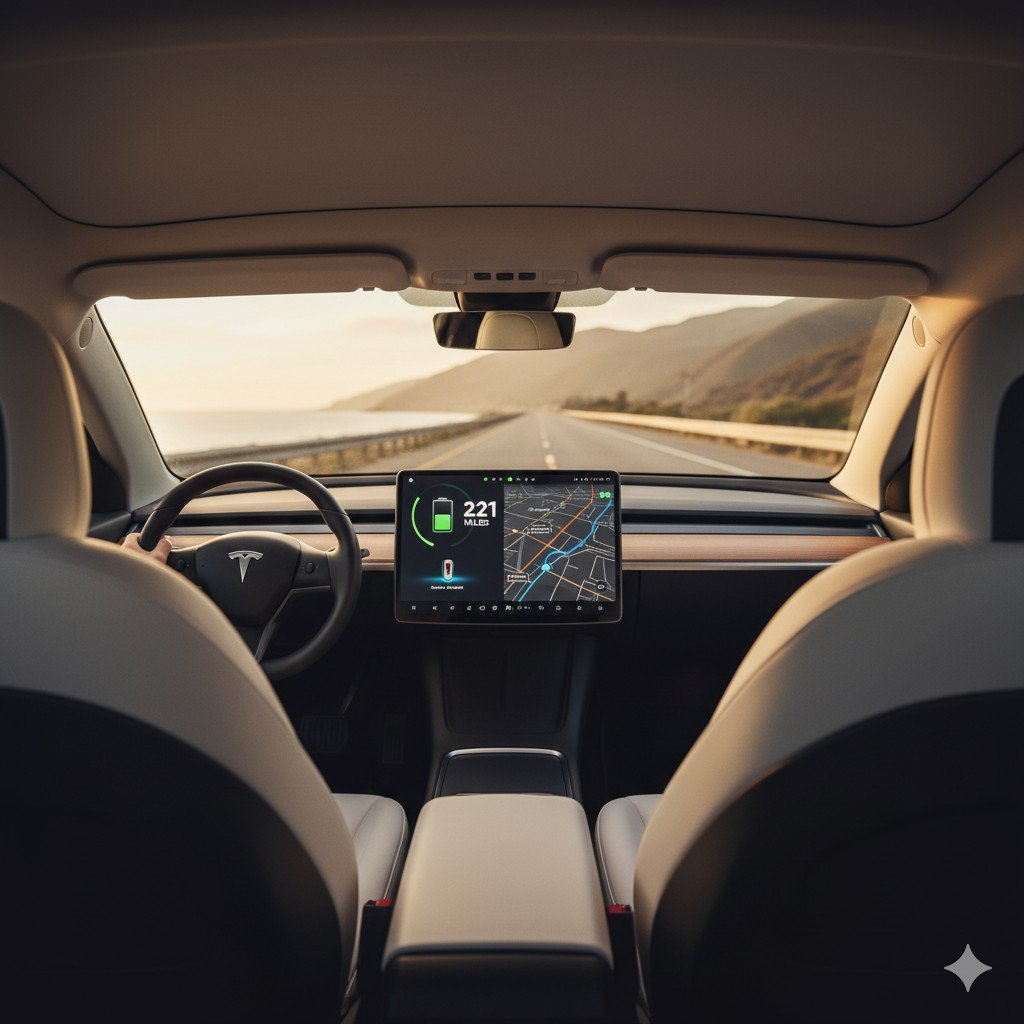 An interior shot of a Tesla Model Y, focused on the 15.4" center touchscreen display showing a navigation map and "321 miles" of range. The view out the front windshield shows an open road along a coastline at sunset, emphasizing long-distance capability and integrated technology.