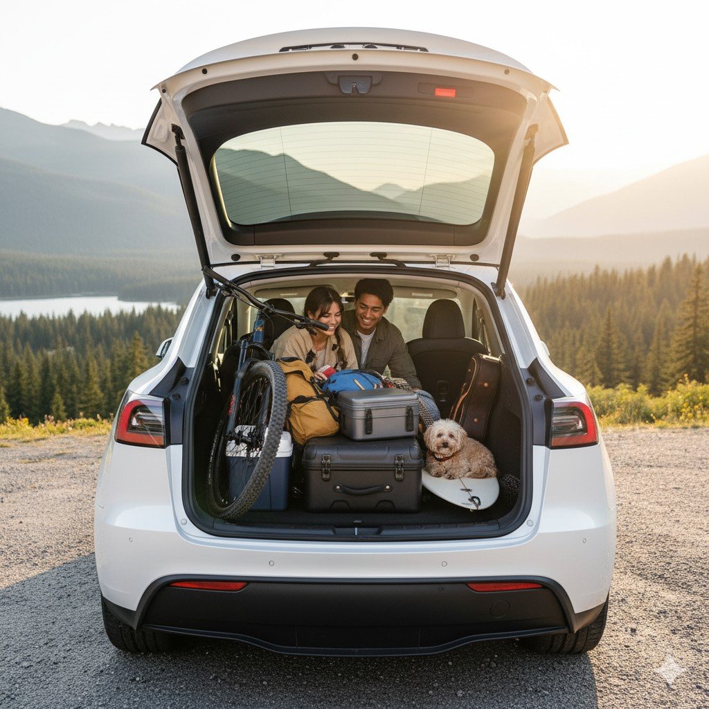 A white Tesla Model Y from the rear, with its trunk wide open, revealing a couple happily packing for a trip. The spacious trunk is filled with luggage, a bicycle, a cooler, and a small dog resting on a surfboard, set against a backdrop of mountains and a lake at sunset, highlighting its practicality.