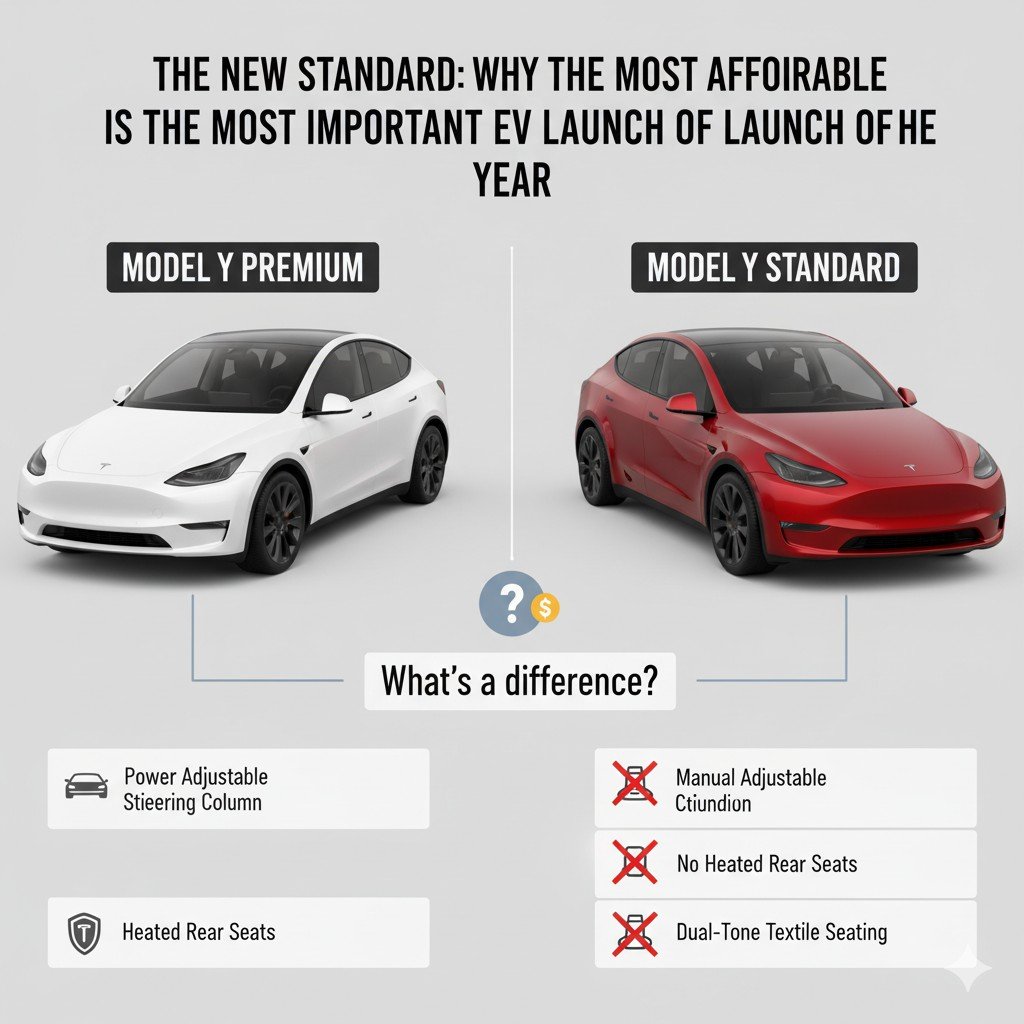 A side-by-side graphic showing a white Tesla Model Y (representing Premium features) on the left and a red Tesla Model Y (representing Standard features) on the right. Icons and text boxes below highlight the differences, such as "Power Adjustable Steering Column" for Premium versus "Manual Adjustable" for Standard, and the lack of heated rear seats in the Standard.