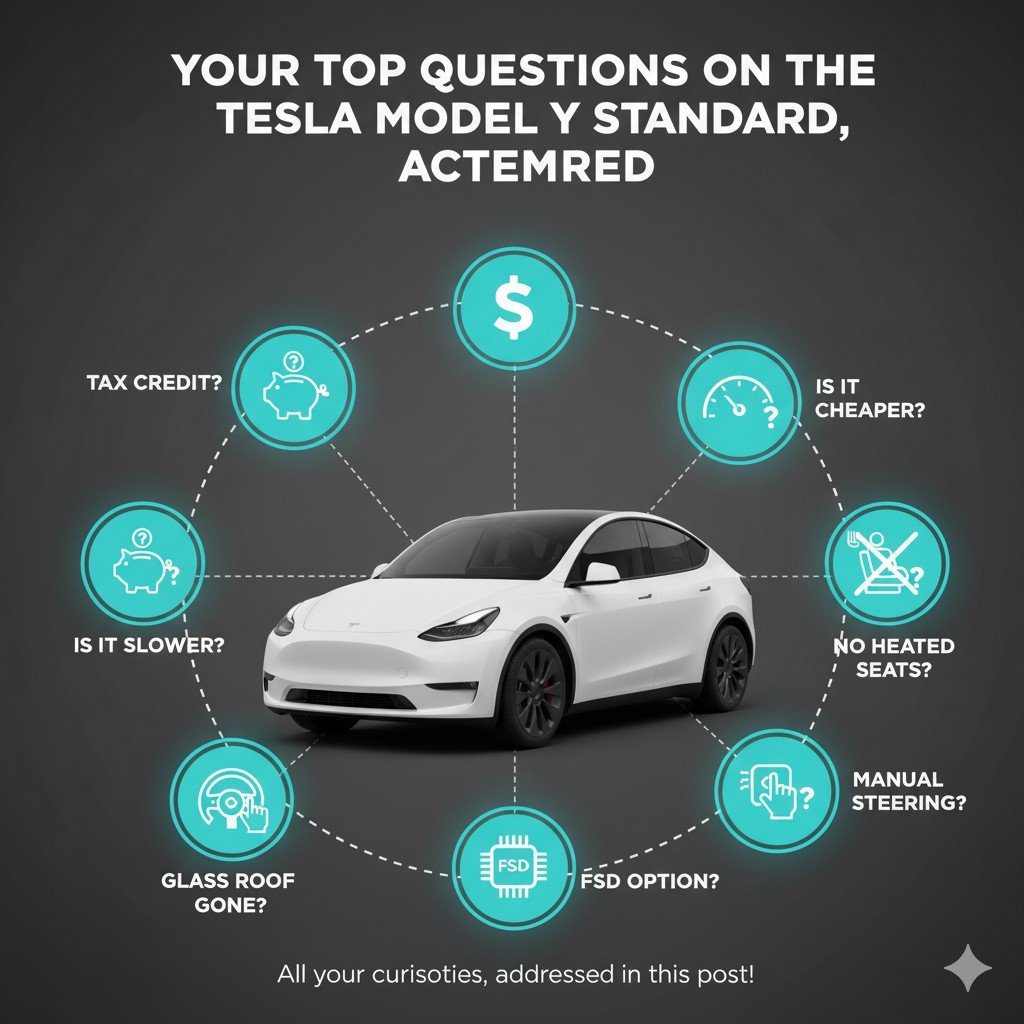 An infographic featuring a central white Tesla Model Y surrounded by various teal-colored question mark icons in a circular pattern, each connected to a common question about the new model (e.g., a dollar sign for "Tax Credit?", a speedometer for "Is it slower?", a glass roof icon for "Glass Roof Gone?").