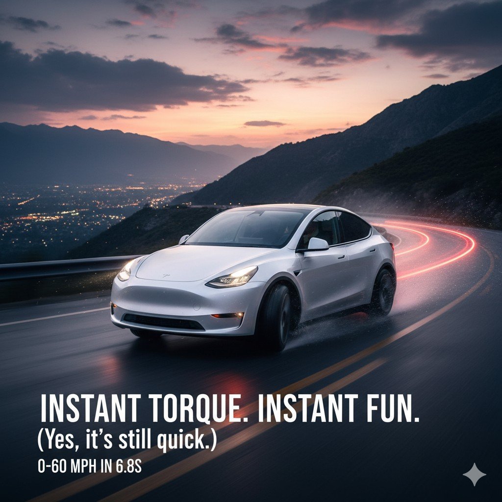 A dynamic shot of a white Tesla Model Y driving quickly on a winding mountain road at dusk, with city lights visible in the valley below. Red light trails behind the car, symbolizing speed and excitement. Text overlay reads "INSTANT TORQUE. INSTANT FUN. (Yes, it's still quick.) 0-60 MPH IN 6.8S".