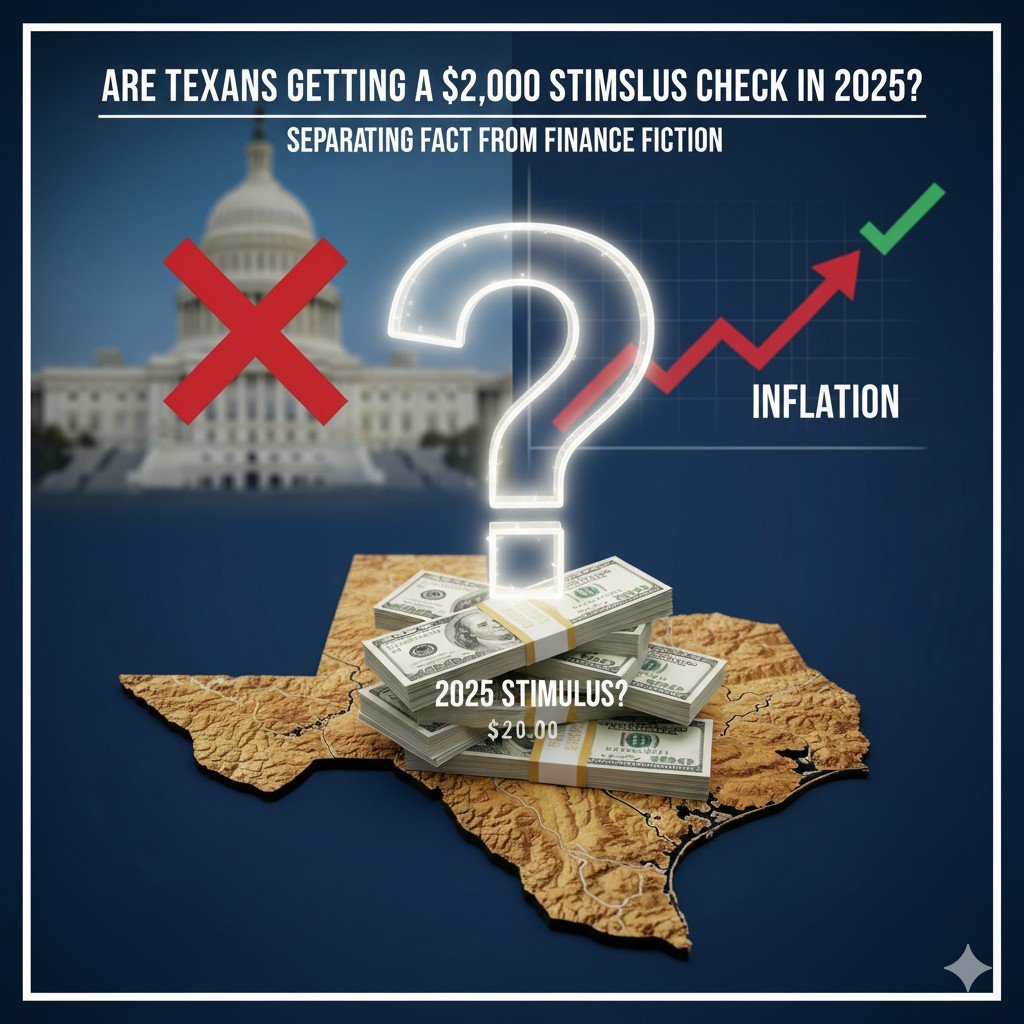 Close-up of a hand holding a clear block labeled "$2000" over a map of Texas and money. In the background, a blurred family represents the direct relief target.
