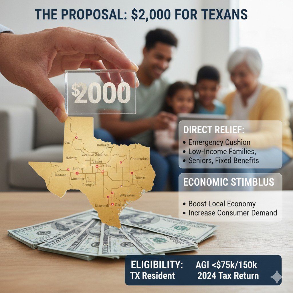 Graphic asking: Are Texans getting a $2,000 stimulus check in 2025? Features a question mark over a map of Texas and money, with a red inflation arrow pointing up.