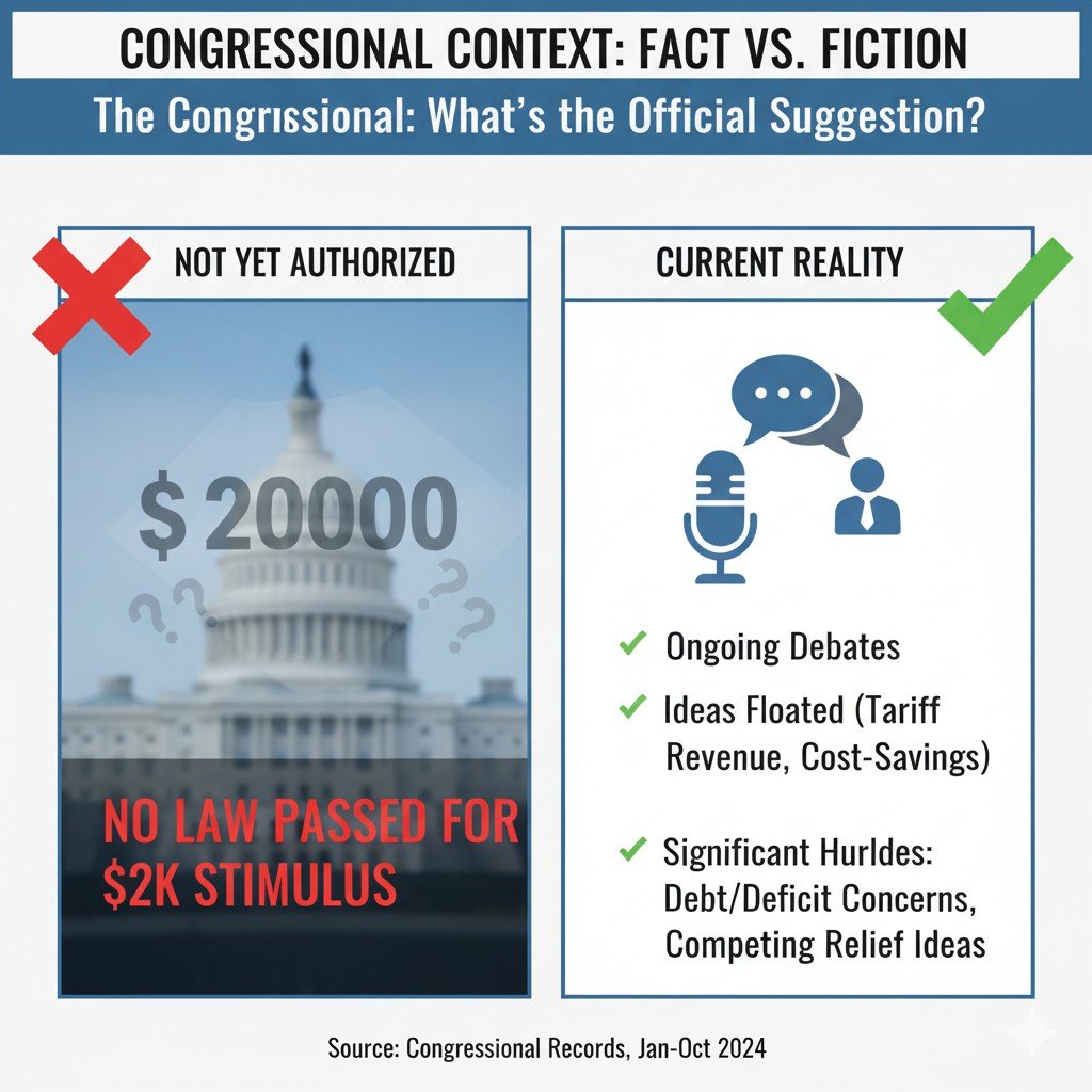 Side-by-side graphic showing the U.S. Capitol with a Red X and "NO LAW PASSED FOR $2K STIMULUS" contrasted with a green check side listing: Ongoing Debates, Ideas Floated, and Significant Hurdles.